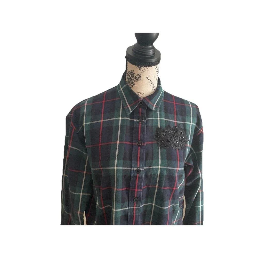 Lauren Ralph Lauren Retro Blouse Size PM Green Plaid Dark Academia Workcore